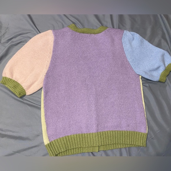 Short Sleeve button up pink, green, purple, yellow sweater - Picture 2 of 5